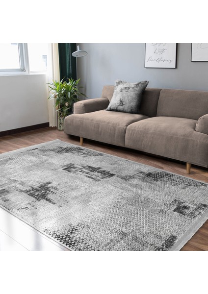 Gri - Beyaz Zeminde Örgü Motifli Eskitme Desenli Eskitme Motifli Vintage Salon & Oturma Odası Yatak Odası Dijital Baskılı Makinede Yıkanabilir Kaymaz Taban Saçaklı Halı