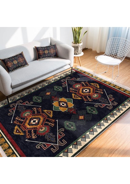 Lacivert Zeminde Yöresel Motifli Dokuma Desenli Etnik Motifler Avangarde Salon & Oturma Odası Mutfak Dijital Baskılı Makinede Yıkanabilir Kaymaz Taban Saçaklı Halı modelleri