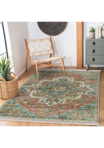 Yeşil Zeminde Osmanlı Motifli Geleneksel Desenli Avangarde Vintage Salon & Oturma Odası Yatak Odası Dijital Baskılı Makinede Yıkanabilir Kaymaz Taban Saçaklı Halı modelleri
