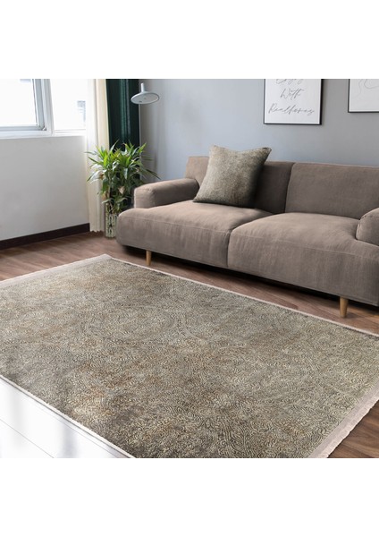 Krem - Bej Zeminde Dokuma Motifli Eskitme Desenli Eskitme Motifli Vintage Koridor & Antre Salon & Oturma Odası Dijital Baskılı Makinede Yıkanabilir Kaymaz Taban Saçaklı Halı