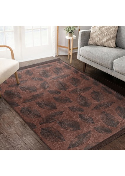 Kahverengi Zeminde Yaprak Motifli Eskitme Desenli Floral Sade & Şık Salon & Oturma Odası Dış Mekan & Outdoor Dijital Baskılı Makinede Yıkanabilir Kaymaz Taban Saçaklı Halı indirimleri