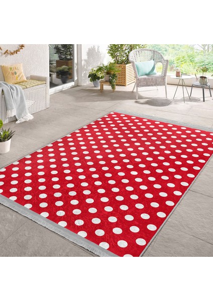 Kırmızı Zeminde Geometrik Motifli Puanlı Desenli Klasik Sade & Şık Koridor & Antre Çocuk & Genç Odası Dijital Baskılı Makinede Yıkanabilir Kaymaz Taban Saçaklı Halı fiyatları