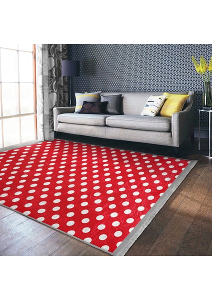 Kırmızı Zeminde Geometrik Motifli Puanlı Desenli Klasik Sade & Şık Koridor & Antre Çocuk & Genç Odası Dijital Baskılı Makinede Yıkanabilir Kaymaz Taban Saçaklı Halı modelleri