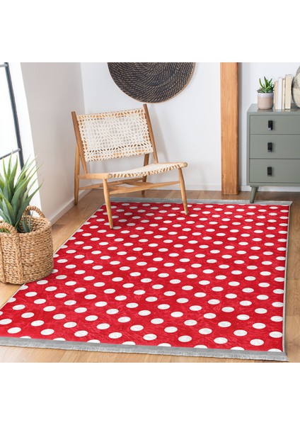 Kırmızı Zeminde Geometrik Motifli Puanlı Desenli Klasik Sade & Şık Koridor & Antre Çocuk & Genç Odası Dijital Baskılı Makinede Yıkanabilir Kaymaz Taban Saçaklı Halı indirimleri