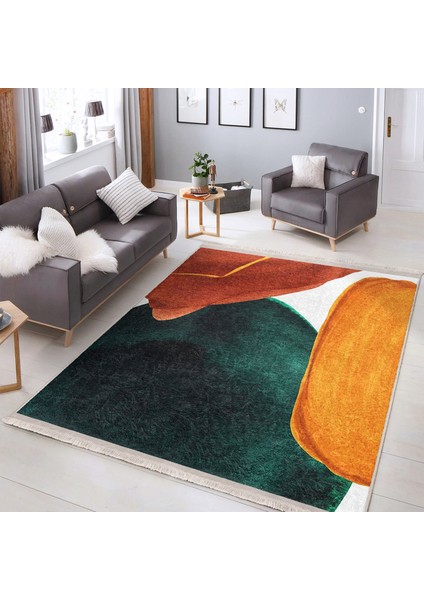 Sarı - Lacivert Zeminde Tablo Motifli Abstract Desenli Bohem Modern Mutfak Banyo Dijital Baskılı Makinede Yıkanabilir Kaymaz Taban Saçaklı Halı