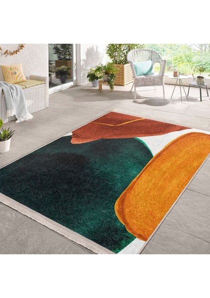Sarı - Lacivert Zeminde Tablo Motifli Abstract Desenli Bohem Modern Mutfak Banyo Dijital Baskılı Makinede Yıkanabilir Kaymaz Taban Saçaklı Halı