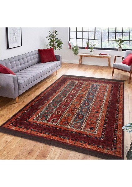 Kırmızı Zeminde Geleneksel Motifli Etnik Desenli Etnik Motifler Vintage Çocuk & Genç Odası Koridor & Antre Dijital Baskılı Makinede Yıkanabilir Kaymaz Taban Saçaklı Halı