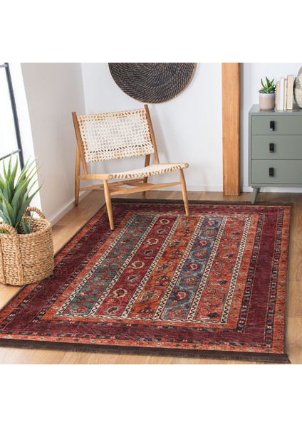 Kırmızı Zeminde Geleneksel Motifli Etnik Desenli Etnik Motifler Vintage Çocuk & Genç Odası Koridor & Antre Dijital Baskılı Makinede Yıkanabilir Kaymaz Taban Saçaklı Halı indirimleri