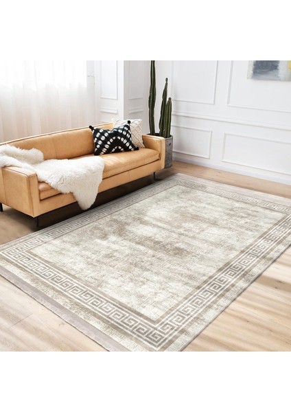 Krem - Bej Zeminde Çerçeveli Motifli Antik Desenli Eskitme Motifli Geometrik Salon & Oturma Odası Dış Mekan & Outdoor Dijital Baskılı Makinede Yıkanabilir Kaymaz Taban Saçaklı Halı fiyatları