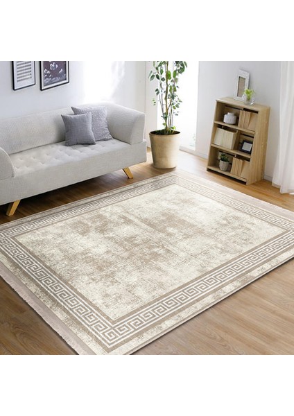 Krem - Bej Zeminde Çerçeveli Motifli Antik Desenli Eskitme Motifli Geometrik Salon & Oturma Odası Dış Mekan & Outdoor Dijital Baskılı Makinede Yıkanabilir Kaymaz Taban Saçaklı Halı indirimleri