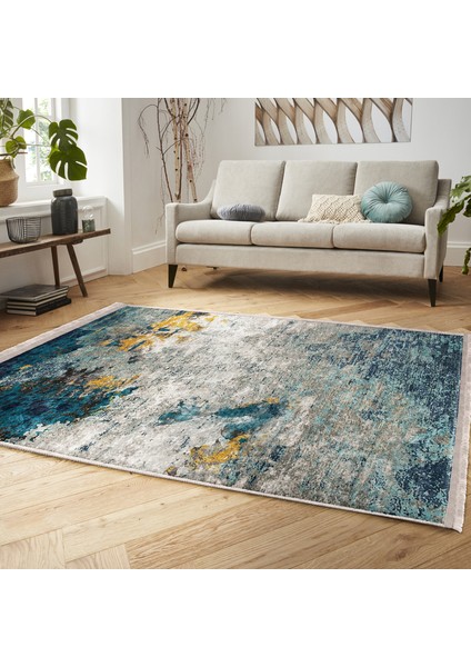 Lacivert - Gri Zeminde Fırça Darbeleri Motifli Eskitme Desenli Eskitme Motifli Klasik Salon & Oturma Odası Dış Mekan & Outdoor Dijital Baskılı Makinede Yıkanabilir Kaymaz Taban Saçaklı Halı