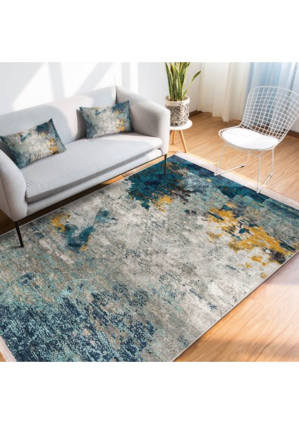 Lacivert - Gri Zeminde Fırça Darbeleri Motifli Eskitme Desenli Eskitme Motifli Klasik Salon & Oturma Odası Dış Mekan & Outdoor Dijital Baskılı Makinede Yıkanabilir Kaymaz Taban Saçaklı Halı fiyatları
