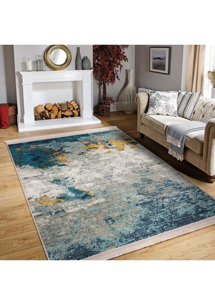 Lacivert - Gri Zeminde Fırça Darbeleri Motifli Eskitme Desenli Eskitme Motifli Klasik Salon & Oturma Odası Dış Mekan & Outdoor Dijital Baskılı Makinede Yıkanabilir Kaymaz Taban Saçaklı Halı indirimleri