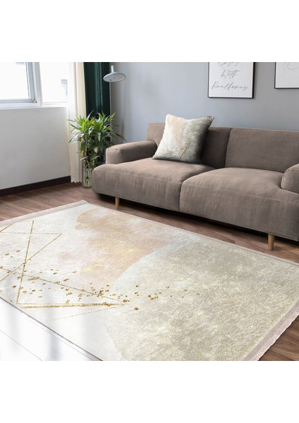 Gold - Krem Zeminde Boyama Motifli Modern Sanat Desenli Bohem Sade & Şık Salon & Oturma Odası Yatak Odası Dijital Baskılı Makinede Yıkanabilir Kaymaz Taban Saçaklı Halı