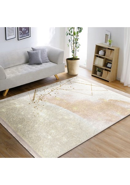 Gold - Krem Zeminde Boyama Motifli Modern Sanat Desenli Bohem Sade & Şık Salon & Oturma Odası Yatak Odası Dijital Baskılı Makinede Yıkanabilir Kaymaz Taban Saçaklı Halı fiyatları