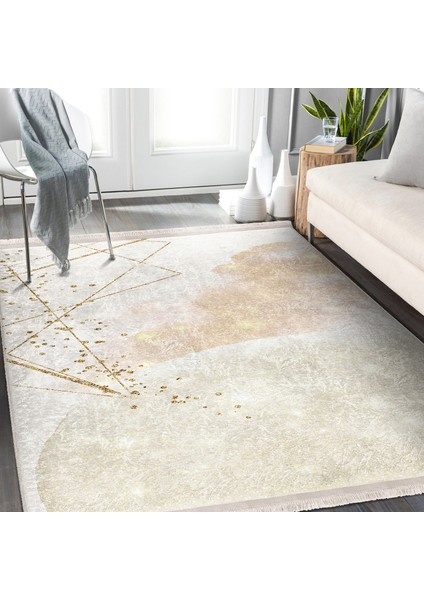 Gold - Krem Zeminde Boyama Motifli Modern Sanat Desenli Bohem Sade & Şık Salon & Oturma Odası Yatak Odası Dijital Baskılı Makinede Yıkanabilir Kaymaz Taban Saçaklı Halı modelleri