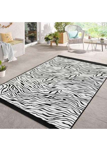 Siyah - Beyaz Zeminde Zebra Motifli Post Desenli Sade & Şık Klasik Dış Mekan & Outdoor Yatak Odası Dijital Baskılı Makinede Yıkanabilir Kaymaz Taban Saçaklı Halı