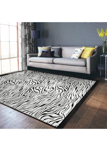 Siyah - Beyaz Zeminde Zebra Motifli Post Desenli Sade & Şık Klasik Dış Mekan & Outdoor Yatak Odası Dijital Baskılı Makinede Yıkanabilir Kaymaz Taban Saçaklı Halı