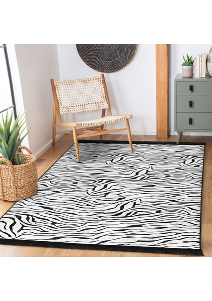 Siyah - Beyaz Zeminde Zebra Motifli Post Desenli Sade & Şık Klasik Dış Mekan & Outdoor Yatak Odası Dijital Baskılı Makinede Yıkanabilir Kaymaz Taban Saçaklı Halı