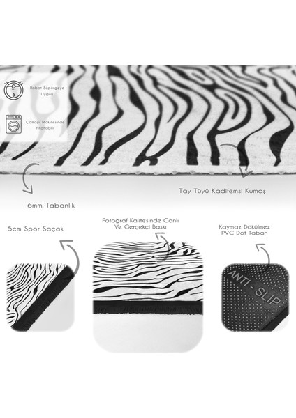 Siyah - Beyaz Zeminde Zebra Motifli Post Desenli Sade & Şık Klasik Dış Mekan & Outdoor Yatak Odası Dijital Baskılı Makinede Yıkanabilir Kaymaz Taban Saçaklı Halı