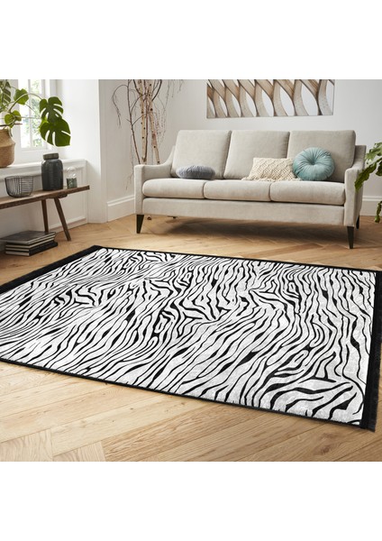 Siyah - Beyaz Zeminde Zebra Motifli Post Desenli Sade & Şık Klasik Dış Mekan & Outdoor Yatak Odası Dijital Baskılı Makinede Yıkanabilir Kaymaz Taban Saçaklı Halı