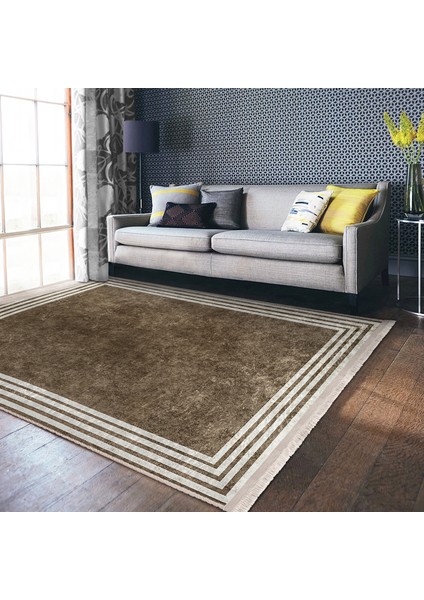 Kahverengi Zeminde Çerçeveli Motifli Eskitme Desenli Geometrik Sade & Şık Salon & Oturma Odası Dış Mekan & Outdoor Dijital Baskılı Makinede Yıkanabilir Kaymaz Taban Saçaklı Halı