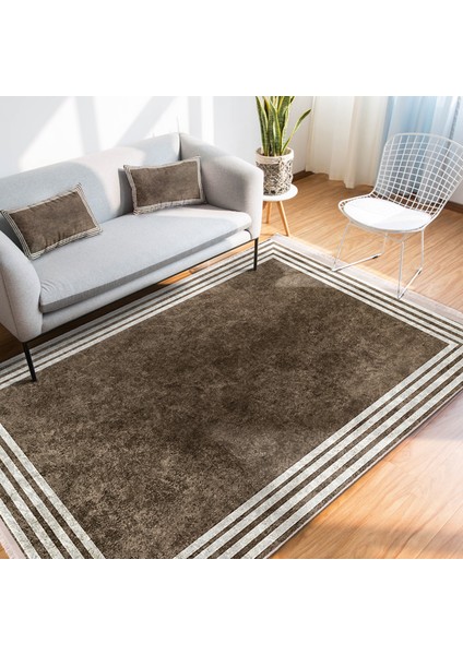 Kahverengi Zeminde Çerçeveli Motifli Eskitme Desenli Geometrik Sade & Şık Salon & Oturma Odası Dış Mekan & Outdoor Dijital Baskılı Makinede Yıkanabilir Kaymaz Taban Saçaklı Halı indirimleri
