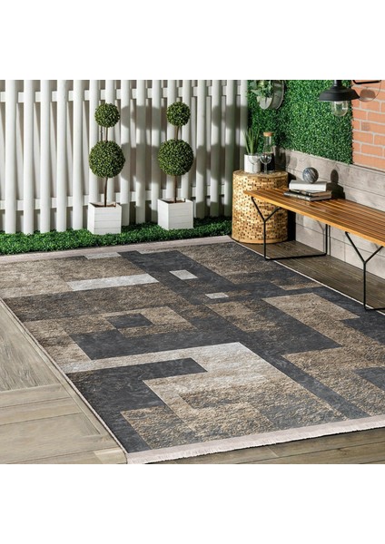 Kahverengi Zeminde Eskitme Motifli Geometrik Desenli Geometrik Klasik Salon & Oturma Odası Koridor & Antre Dijital Baskılı Makinede Yıkanabilir Kaymaz Taban Saçaklı Halı modelleri