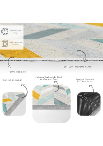 Beyaz Zeminde Modern Motifli Geometrik Desenli Geometrik Sade & Şık Koridor & Antre Banyo Dijital Baskılı Makinede Yıkanabilir Kaymaz Taban Saçaklı Halı