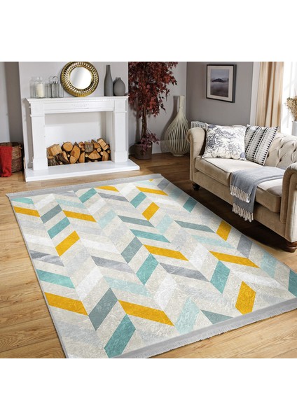 Beyaz Zeminde Modern Motifli Geometrik Desenli Geometrik Sade & Şık Koridor & Antre Banyo Dijital Baskılı Makinede Yıkanabilir Kaymaz Taban Saçaklı Halı