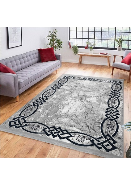 Gri - Lacivert Zeminde Çerçeveli Motifli Duvar Desenli Eskitme Motifli Geometrik Salon & Oturma Odası Dış Mekan & Outdoor Dijital Baskılı Makinede Yıkanabilir Kaymaz Taban Saçaklı Halı