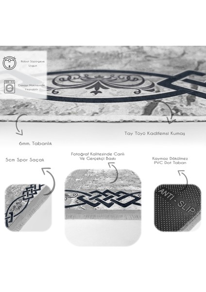 Gri - Lacivert Zeminde Çerçeveli Motifli Duvar Desenli Eskitme Motifli Geometrik Salon & Oturma Odası Dış Mekan & Outdoor Dijital Baskılı Makinede Yıkanabilir Kaymaz Taban Saçaklı Halı