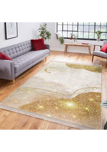 Gold - Krem Zeminde Kanvas Motifli Modern Sanat Desenli Bohem Modern Salon & Oturma Odası Dış Mekan & Outdoor Dijital Baskılı Makinede Yıkanabilir Kaymaz Taban Saçaklı Halı