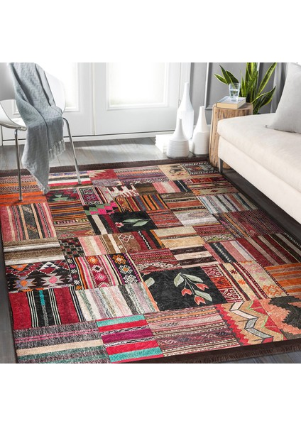Siyah - Beyaz Zeminde Kırkyama Motifli Patchwork Desenli Vintage Sade & Şık Salon & Oturma Odası Yatak Odası Dijital Baskılı Makinede Yıkanabilir Kaymaz Taban Saçaklı Halı
