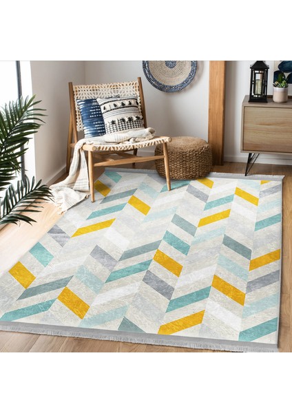 Beyaz Zeminde Modern Motifli Geometrik Desenli Geometrik Sade & Şık Koridor & Antre Banyo Dijital Baskılı Makinede Yıkanabilir Kaymaz Taban Saçaklı Halı