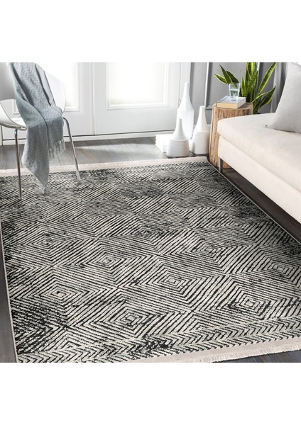 Ekru - Siyah Zeminde Kilim Motifli Dokuma Halı Desenli Geometrik Vintage Salon & Oturma Odası Dış Mekan & Outdoor Dijital Baskılı Makinede Yıkanabilir Kaymaz Taban Saçaklı Halı