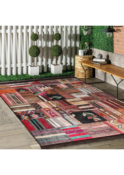 Siyah - Beyaz Zeminde Kırkyama Motifli Patchwork Desenli Vintage Sade & Şık Salon & Oturma Odası Yatak Odası Dijital Baskılı Makinede Yıkanabilir Kaymaz Taban Saçaklı Halı