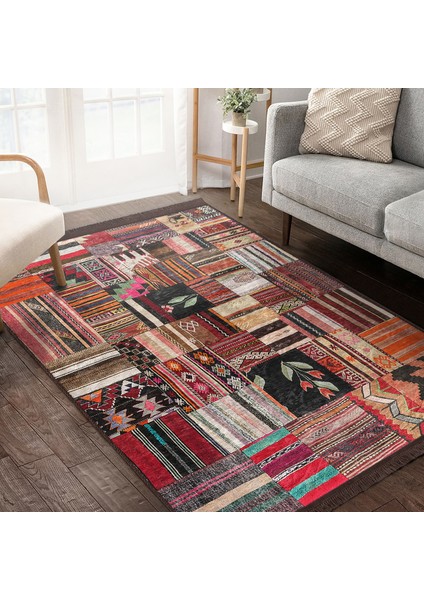 Siyah - Beyaz Zeminde Kırkyama Motifli Patchwork Desenli Vintage Sade & Şık Salon & Oturma Odası Yatak Odası Dijital Baskılı Makinede Yıkanabilir Kaymaz Taban Saçaklı Halı