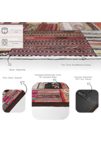 Siyah - Beyaz Zeminde Kırkyama Motifli Patchwork Desenli Vintage Sade & Şık Salon & Oturma Odası Yatak Odası Dijital Baskılı Makinede Yıkanabilir Kaymaz Taban Saçaklı Halı