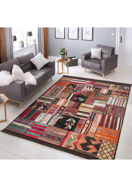 Siyah - Beyaz Zeminde Kırkyama Motifli Patchwork Desenli Vintage Sade & Şık Salon & Oturma Odası Yatak Odası Dijital Baskılı Makinede Yıkanabilir Kaymaz Taban Saçaklı Halı