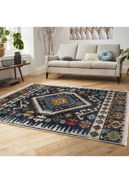 Lacivert Zeminde Kilim Motifli Baklava Desenli Etnik Motifler Vintage Salon & Oturma Odası Koridor & Antre Dijital Baskılı Makinede Yıkanabilir Kaymaz Taban Saçaklı Halı