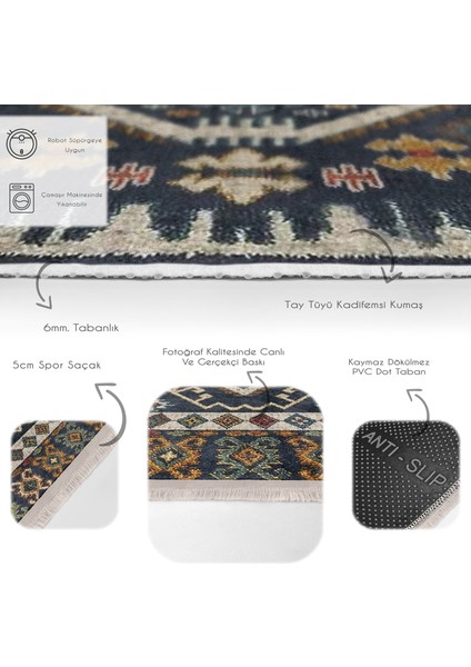 Lacivert Zeminde Kilim Motifli Baklava Desenli Etnik Motifler Vintage Salon & Oturma Odası Koridor & Antre Dijital Baskılı Makinede Yıkanabilir Kaymaz Taban Saçaklı Halı