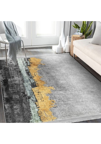 Gold - Gri Zeminde Eskitme Motifli Yağlı Boya Desenli Modern Klasik Salon & Oturma Odası Banyo Dijital Baskılı Makinede Yıkanabilir Kaymaz Taban Saçaklı Halı fiyatları