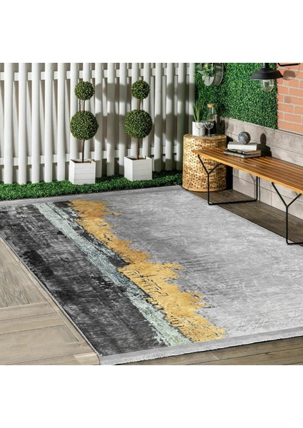 Gold - Gri Zeminde Eskitme Motifli Yağlı Boya Desenli Modern Klasik Salon & Oturma Odası Banyo Dijital Baskılı Makinede Yıkanabilir Kaymaz Taban Saçaklı Halı modelleri