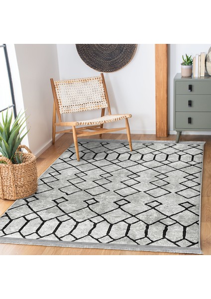 Gri - Siyah Zeminde Etnik Motifli Geleneksel Desenli Etnik Motifler Geometrik Salon & Oturma Odası Dış Mekan & Outdoor Dijital Baskılı Makinede Yıkanabilir Kaymaz Taban Saçaklı Halı