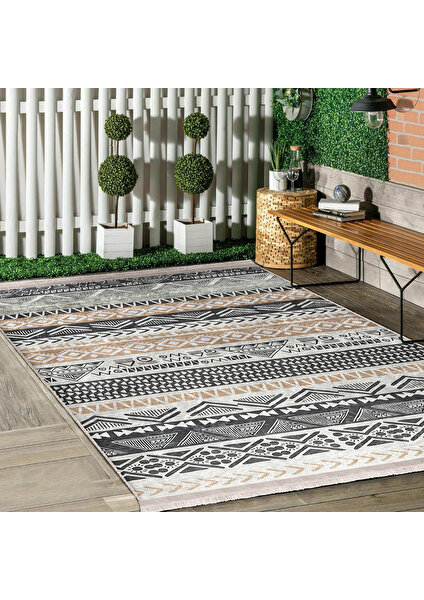 Krem - Gri Zeminde Iskandinav Motifli Kilim Desenli Geometrik Etnik Motifler Mutfak Salon & Oturma Odası Dijital Baskılı Makinede Yıkanabilir Kaymaz Taban Saçaklı Halı