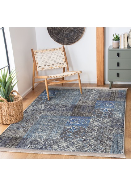 Mavi - Gri Zeminde Patchwork Motifli Etnik Desenli Vintage Eskitme Motifli Koridor & Antre Salon & Oturma Odası Dijital Baskılı Makinede Yıkanabilir Kaymaz Taban Saçaklı Halı fiyatları
