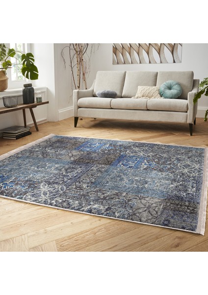 Mavi - Gri Zeminde Patchwork Motifli Etnik Desenli Vintage Eskitme Motifli Koridor & Antre Salon & Oturma Odası Dijital Baskılı Makinede Yıkanabilir Kaymaz Taban Saçaklı Halı modelleri