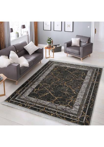 Füme - Kahverengi Zeminde Çerçeveli Motifli Antik Desenli Avangarde Klasik Salon & Oturma Odası Dış Mekan & Outdoor Dijital Baskılı Makinede Yıkanabilir Kaymaz Taban Saçaklı Halı