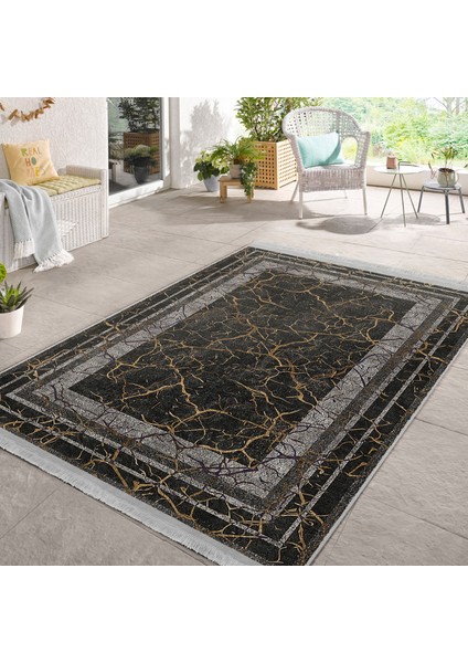Füme - Kahverengi Zeminde Çerçeveli Motifli Antik Desenli Avangarde Klasik Salon & Oturma Odası Dış Mekan & Outdoor Dijital Baskılı Makinede Yıkanabilir Kaymaz Taban Saçaklı Halı modelleri